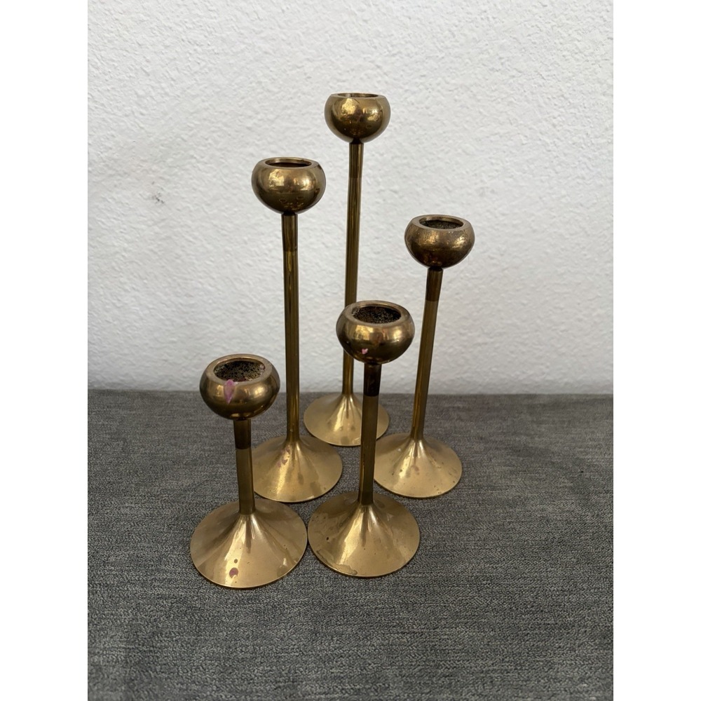 Vintage MCM Mid-Century Modern Graduated Tulip Brass Candlesticks Set 5 4"-8"